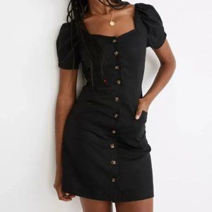 Madewell Linen-Cotton Puff-Sleeve Button Front Mini Dress - Size 4, True Black